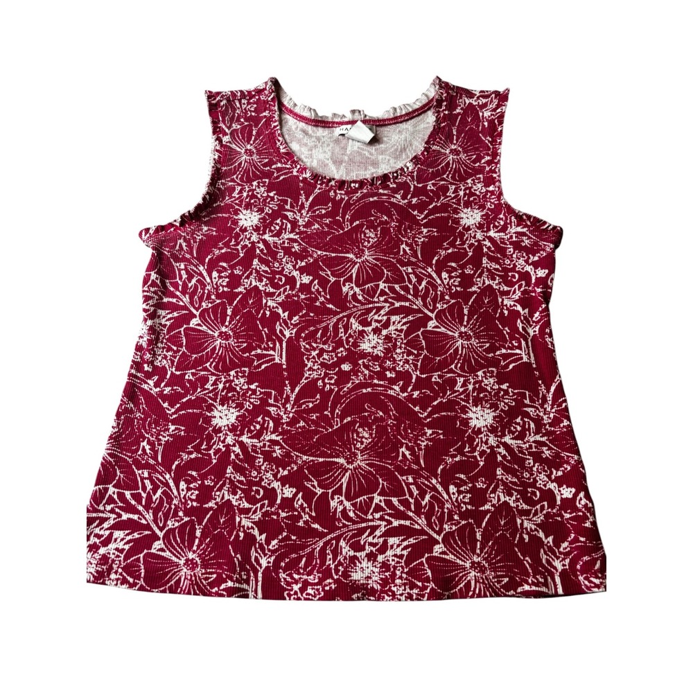 Hannah Pink White Floral Ribbed Cotton Sleeveless Lettuce Edge Tank Top Large
